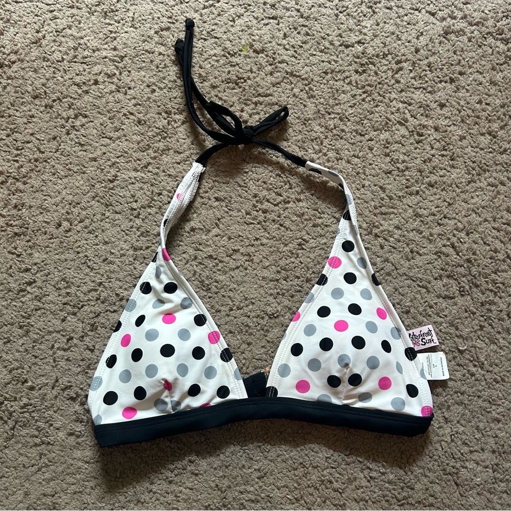 Waterfront Surf Women's Polka Dot Triangle Swim Top - Pink, Black & Gray Large